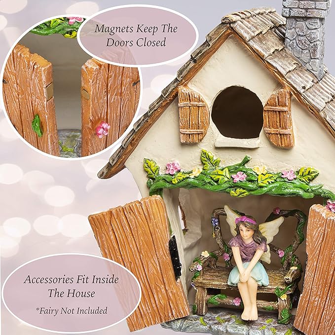 Meadow & Oak Fairy Garden House Kit - Complete with Fairy Garden Accessories, Butterly Seat, Bird Bath, Stepping Stones, Magnetic Door Closure for Indoor/Outdoor Fairy House