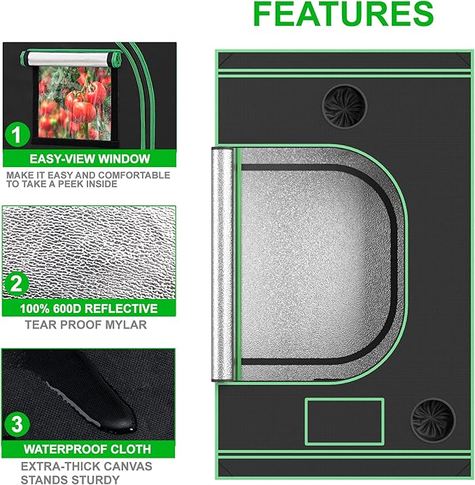 Nova Microdermabrasion 48'' x 48''x 80'' Grow Tent, 4'x4' Indoor High Reflective Mylar Hydroponic Growing Tent Room with Observation Window and Floor Tray for Plant Fruit Flower Veg