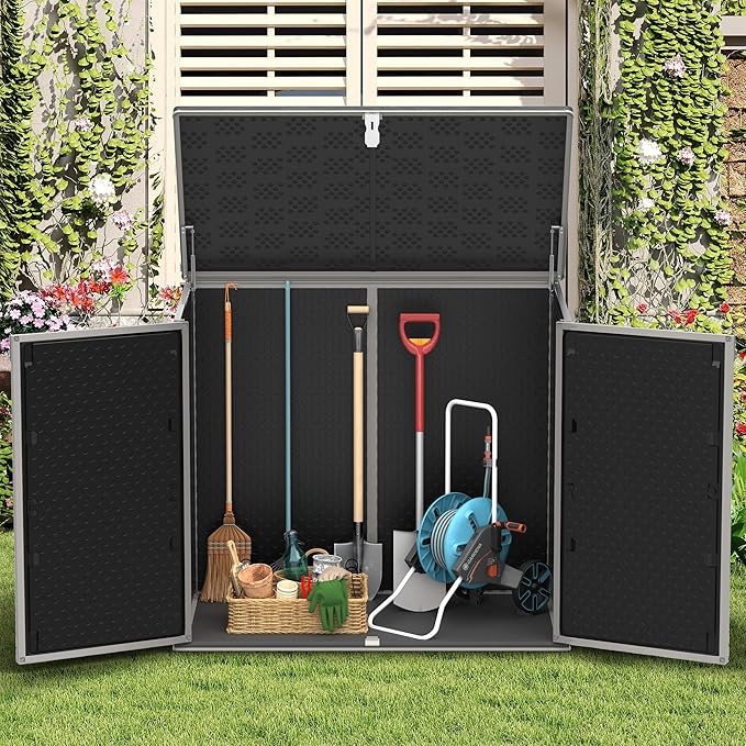 4.6 Ft. X 4.1 Ft Outdoor Horizontal Storage Shed, Resin Storage Shed with Double Lockable Doors, Ideal for Garbage Can Storage and Garden Tools, Strong Water Resistance, Gray