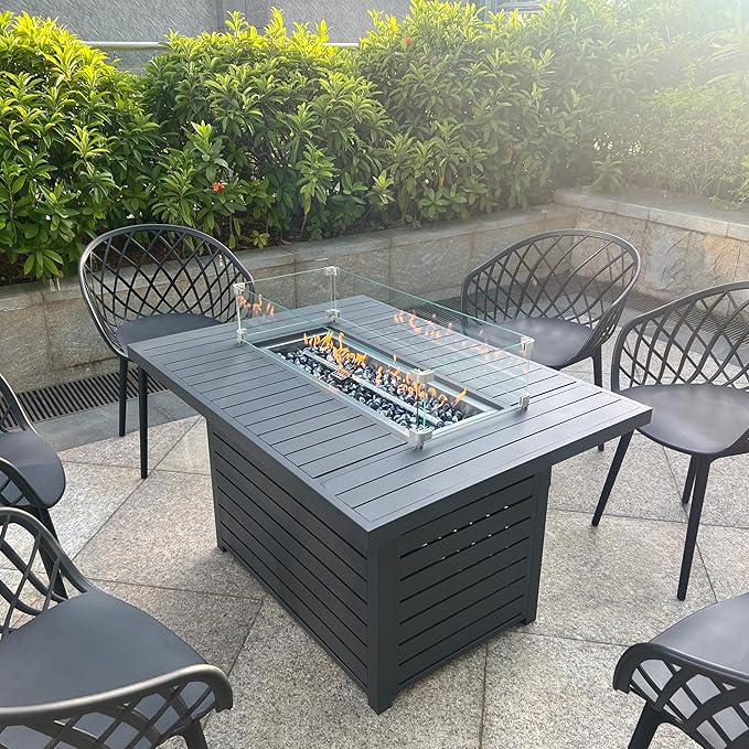43.3 inch Outdoor Propane Fire Pit 2 in 1 Firepit Table Gas Fire Pit Table with Lid, Glass Wind Guard Rectangle Gas Firepit Table for Garden/Patio, CSA Certification (Dark Grey)