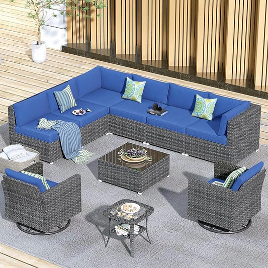 HOOOWOOO 10 Piece Patio Sectional Furniture Set with Swivel Rocking Chairs,Modern Wicker Outdoor Conversation Sofa Sets,Weather Resistant Modular L Shaped Outside Couch Set(Navy Blue)