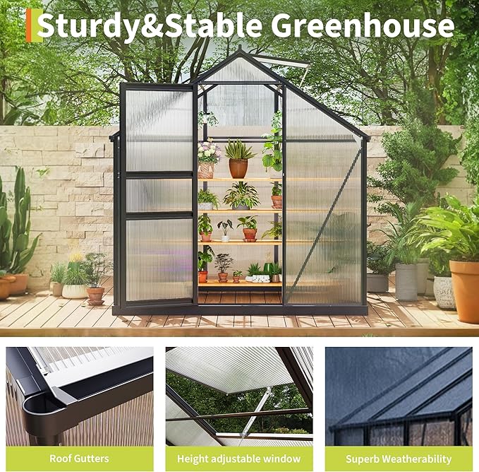 6×10FT Polycarbonate Greenhouse for Outdoors, Large Walk in Green House Kit and Winter Garden Planting, Enhanced Aluminum Green Houses for Outside to Protect Vegetables or Plants