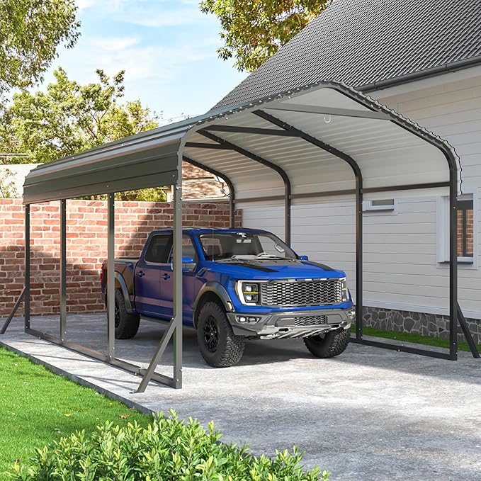 Carport 10x15 FT Metal Carport with Reinforced Base Outdoor Heavy Duty Garage Galvanized Car Shelter for Pickup, Boat, Car and Tractors