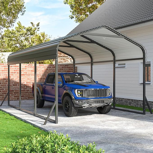 Carport 10x15 FT Metal Carport with Reinforced Base Outdoor Heavy Duty Garage Galvanized Car Shelter for Pickup, Boat, Car and Tractors