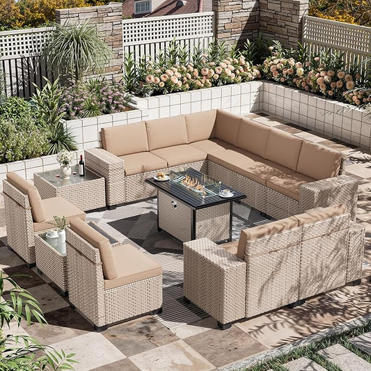 13 Pieces Patio Furniture Set with Fire Pit Table, Outdoor Sectional Wicker Sofa with Thickened Cushions and Coffee Table, High Back Rattan Patio Conversation Sets, Khaki