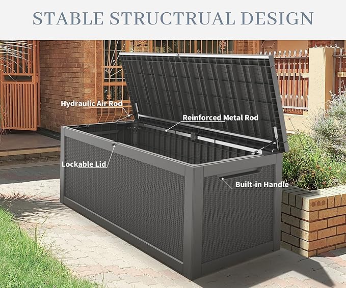 NUNU LAB 260 Gallon Outdoor Storage Box,Resin Large Sturdy Deck Box, Backyard Outside Storage Box Waterproof with Double Wall Panels,Package Delivery Garden Outdoor Hose