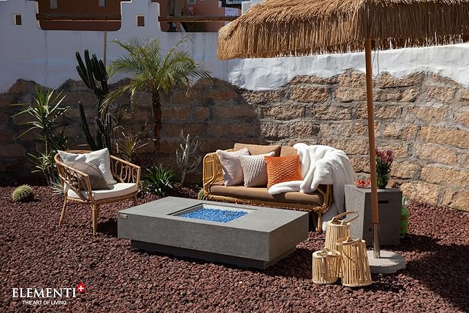 Elementi+ | Monte Carlo Gas Fire Pit Cast Concrete 60" Rectangular Fire Table, Outdoor Fire Pit Electronic Ignition | Canvas Cover, Fire Glass and Burner Lid Included | Light Gray | Natural Gas