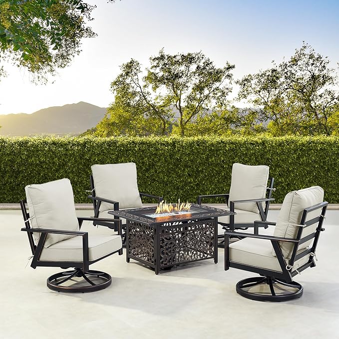 Oakland Living Black Aluminum Patio Fire Table Set with Four Club Chairs with Light Grey Cushions