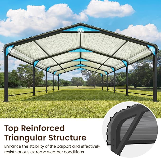 20x20 FT Metal Carport for 2 Cars, Heavy Duty Canopy Carport with Updated Roof & Enhanced Base, Garage Vertaile for RV Car, Truck, Boat, Tractors, Party, Grey