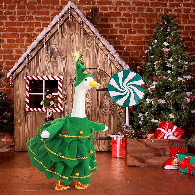 2 Pcs/Set Christmas Tree Porch Goose Outfits, Lawn Goose Statue Xmas Tree Costume, Green Christmas Garden Goose Clothes Dress and Hat for 23" High Statue Xmas Holiday Patio Yard Decor