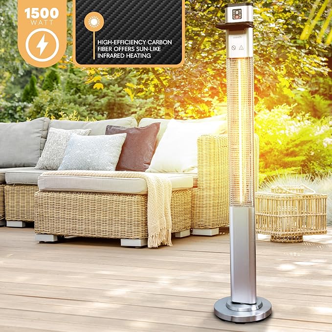SereneLife Infrared Patio Heater, Electric Patio Heater for Indoor/Outdoor Use, Portable Table Heater with Remote Control, 1500 W, for Restaurant, Patio, Backyard, Garage, Decks (Silver)