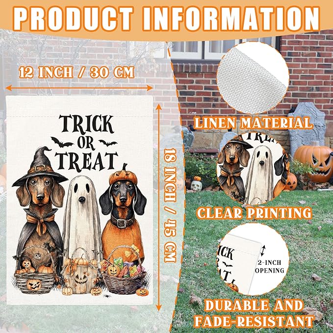 Trick or Treat Halloween Garden Flag for Outside, 12x18 Inch Double Sided Halloween Dog Pumpkin Ghost Bats Yard Flag, Farmhouse Small Yard Flags for Outdoor Decorations, Holiday Decor Gifts-A04