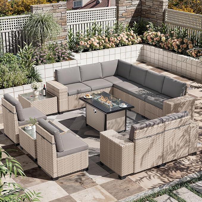 13 Pieces Patio Furniture Set with Fire Pit Table, Outdoor Sectional Wicker Sofa with Thickened Cushions and Coffee Table, High Back Rattan Patio Conversation Sets, Grey