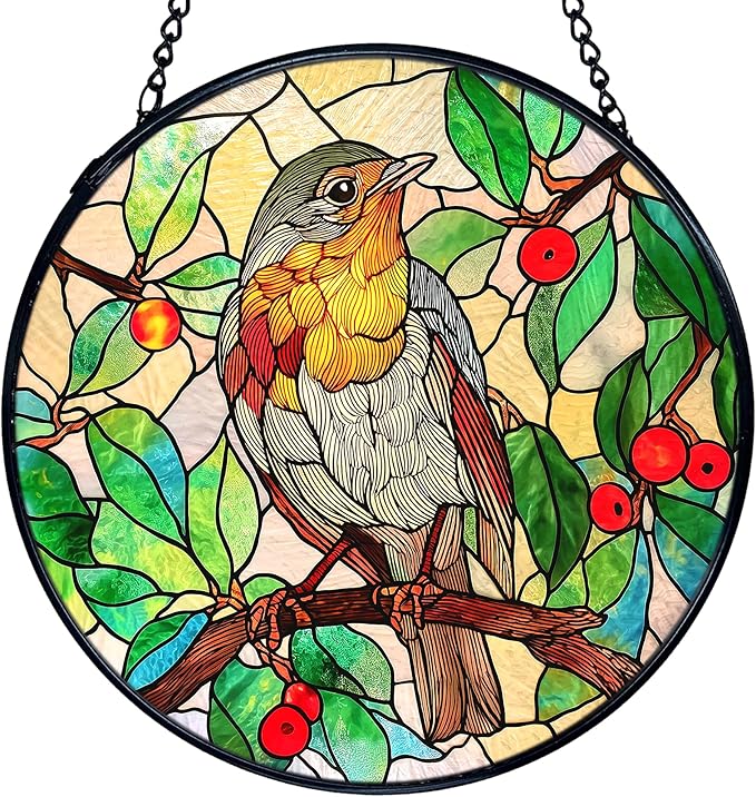 TNUW Bird Stained Glass Window Hanging, Bird Botanical Sun Catchers Indoor Window Glass Round Wall Art Decor, Birds Lover Gifts Wall Hanging Decorations, 7.9＂x7.9＂