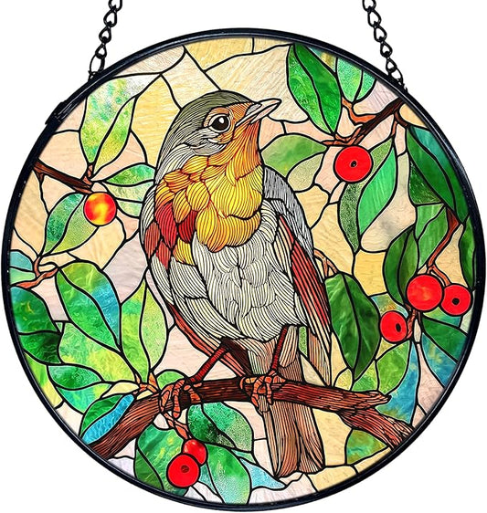 TNUW Bird Stained Glass Window Hanging, Bird Botanical Sun Catchers Indoor Window Glass Round Wall Art Decor, Birds Lover Gifts Wall Hanging Decorations, 7.9＂x7.9＂