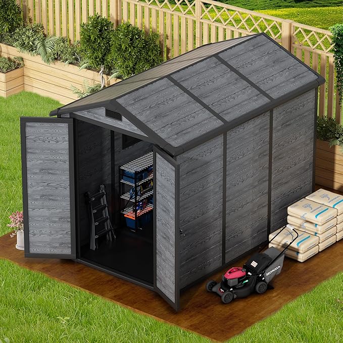 8.7x5.5 FT Resin Outdoor Storage Shed with Floor, Weather-Resistant Plastic Garden Shed with Windows, Lockable Door and Vents, Outside Tool Storage Sheds for Backyard, Garden, Patio, Lawn, Wood Grain
