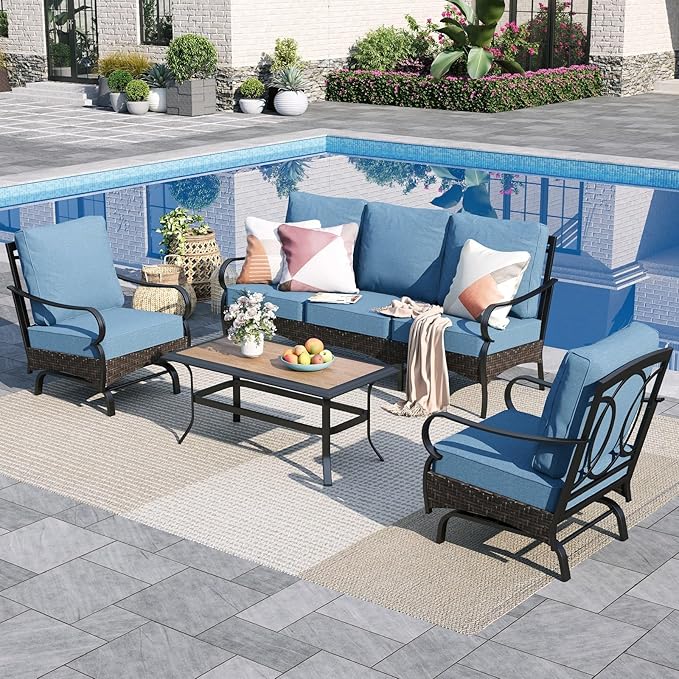 Sophia & William Patio Furniture Set, 4 Piece Metal Outdoor Conversation Set with 3-Seater Outdoor Couch, 2 Sofa Chairs, 1 Coffee Table for Outdoor Seating, Backyard, Porch(Navy Blue)