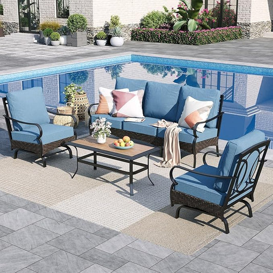 Sophia & William Patio Furniture Set, 4 Piece Metal Outdoor Conversation Set with 3-Seater Outdoor Couch, 2 Sofa Chairs, 1 Coffee Table for Outdoor Seating, Backyard, Porch(Navy Blue)