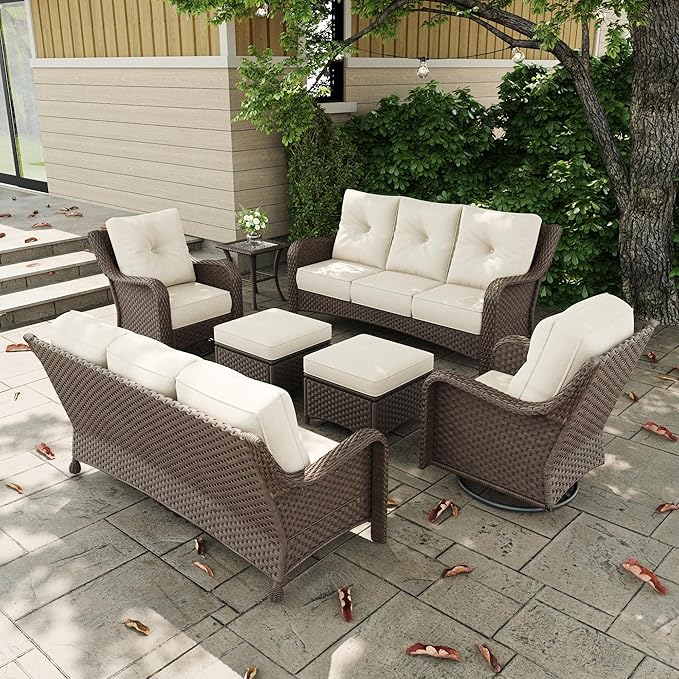 7 Pieces Outdoor Patio Furniture Sets with Rocking Swivel Chairs with 6-inch Thick Cushion and Side Table for Deck Lawn