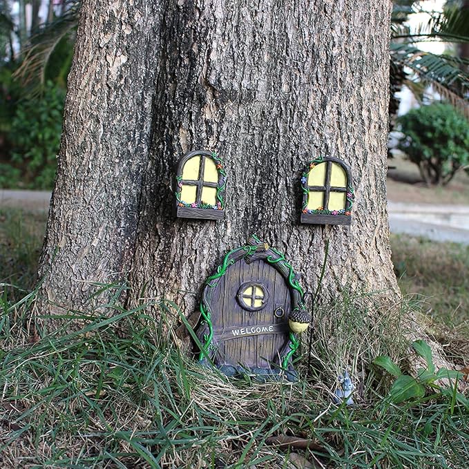 Fairy Door and Windows Garden Kit Accessories Outdoor, Glow in Dark Gnome House for Tree, Lawn Yard Art Sculpture, Miniature Garden Decor (Gnome)