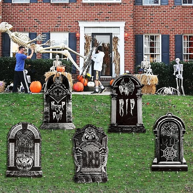 15.5“x23.6 Large Halloween Tombstones Outdoor Decor: Devil, Pumpkin, Bat, Spider, 5pcs Waterproof Safe Material Yard Signs, Halloween Gravestones for Home, Party, Cemetery Decor