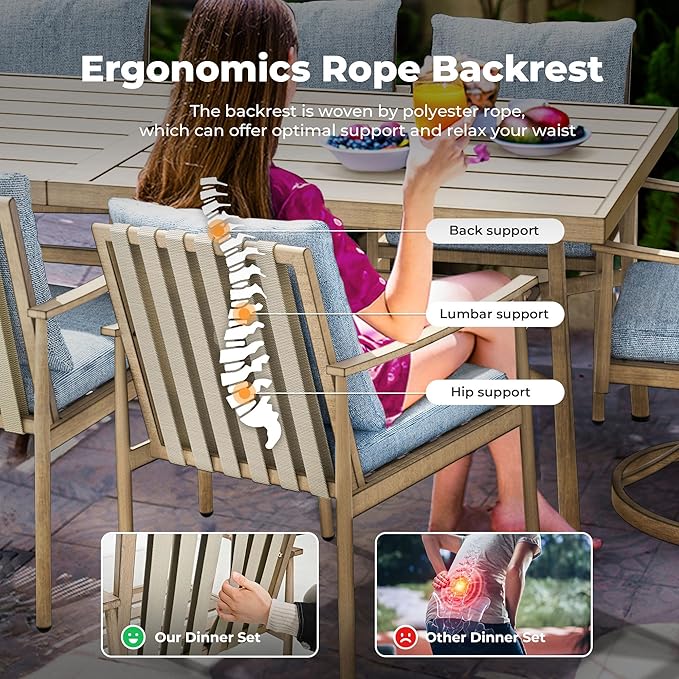 HAPPATIO 9-Piece Patio Table and Chairs Set for 8, Aluminum Outdoor Dining Set with Cushions, 6 Dining Chairs and 2 Swivel Chairs, 1 Large Rectangular Table with Umbrella Hole, Brown