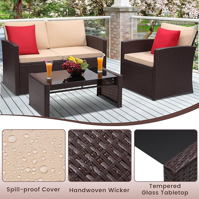 4 Pieces Patio Conversation Set, Outside Rattan Sectional Sofa, Cushioned Furniture Set, Wicker Sofa Ideal for Garden, Porch, Backyard, Brown Color Rattan and Beige Cushion