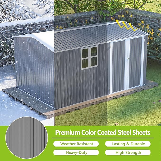 8x12FT Outdoor Storage Shed,XL Heavy-Duty Metal Shed W/Window & Floor Frame,Garden Tool House W/ 4 Air Vents,Dual Sliding Hinged Door & Sloped Roof,for Backyard,Patio,Lawn,Grey