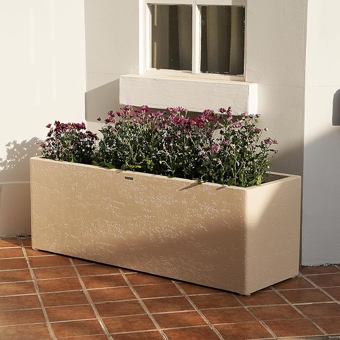42 Inch Rectangular Concrete Planter（42Lx14Wx15H，58 Pounds）,Durable All-Weather Use with Drainage Holes,Large Rectangular Planter for Outdoor Indoor Plants
