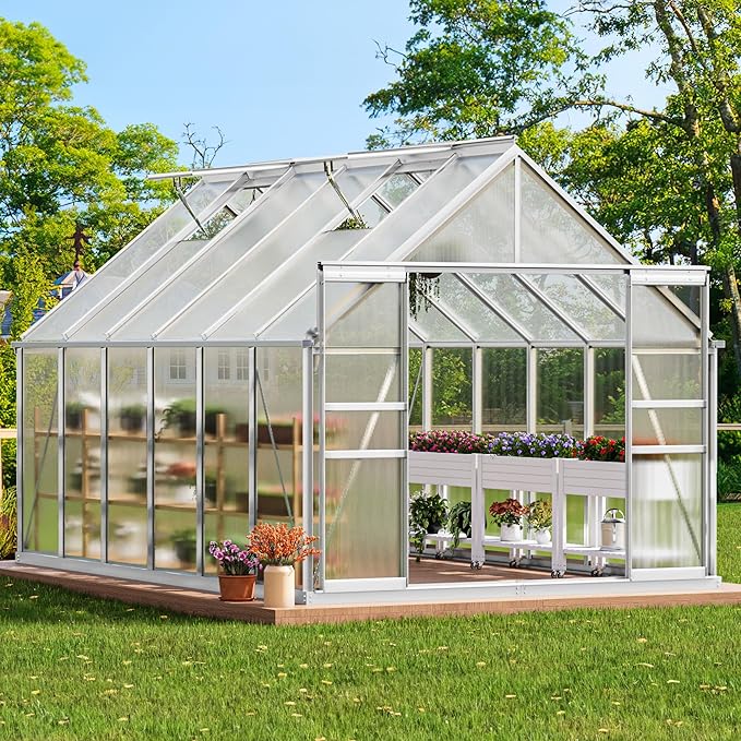 YITAHOME 12x8FT Polycarbonate Greenhouse Large Heavy Duty Green Houses Outdoor Aluminum Greenhouses with Sliding Doors Vent Window Walk-in Greenhouse for Garden Backyard, Silver