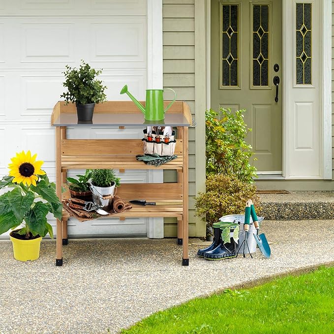 Yaheetech Outdoor Garden Potting Bench Table Wooden Horticulture Planting Worstation w/Metal Tabletop/Storage Shelf/3 Hooks, Natural Wood