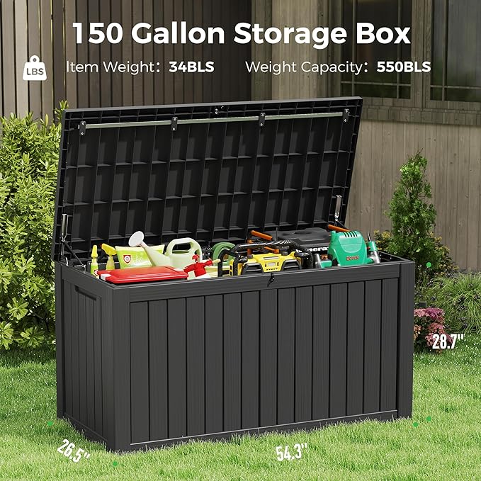 150 Gallon Resin Deck Box, Large Indoor and Outdoor Storage Box, Weatherproof and UV Resistant Outdoor Storage Box with Built-in Steel Beams for Patio, Cushions, Pool Supplies