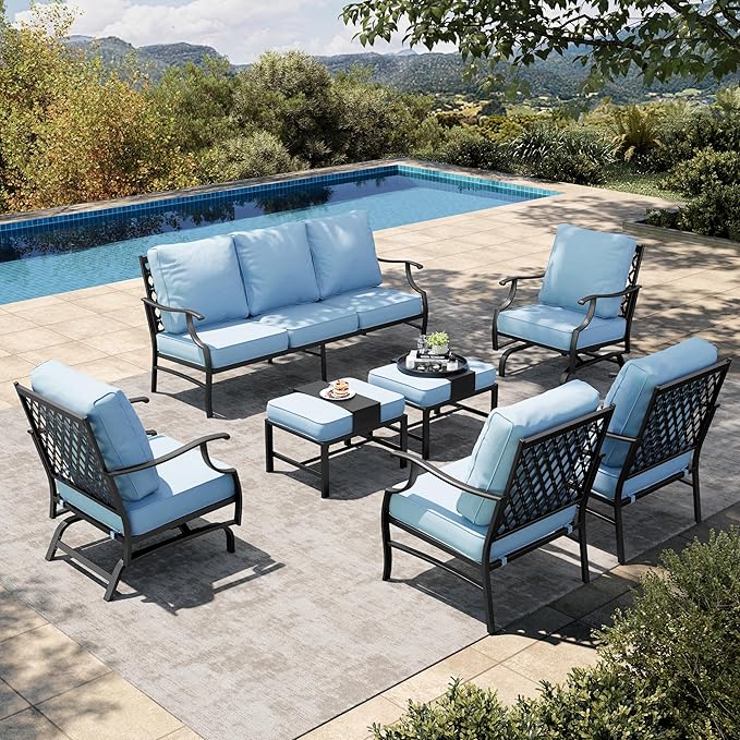 HERA'S HOUSE 7 Piece Outdoor Furniture Set, 2 x Rocking Chair, 2 x Fixed Chair, 2 x Ottoman, 1 x 3-Seat Sofa, All Weather 9 Seats Outdoor Conversation Set for Lawn Garden Backyard, Blue