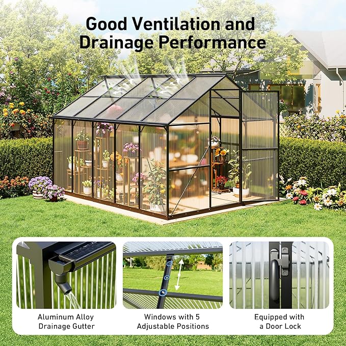8x10FT Greenhouses for Outdoors, Polycarbonate Green House with UV Protection, Heavy Duty Greenhouse with Windproof Aluminum Frame, Roof Vent & Quick-Install Design for Backyard or Garden Use