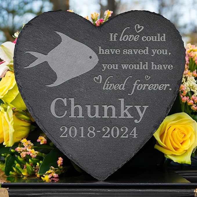 Fish Memorial Stone Fish Garden Statue - Fish Memorial Gifts - Fish Tombstone - Fish Loss Gift - Loss of Pet Fish - Heart