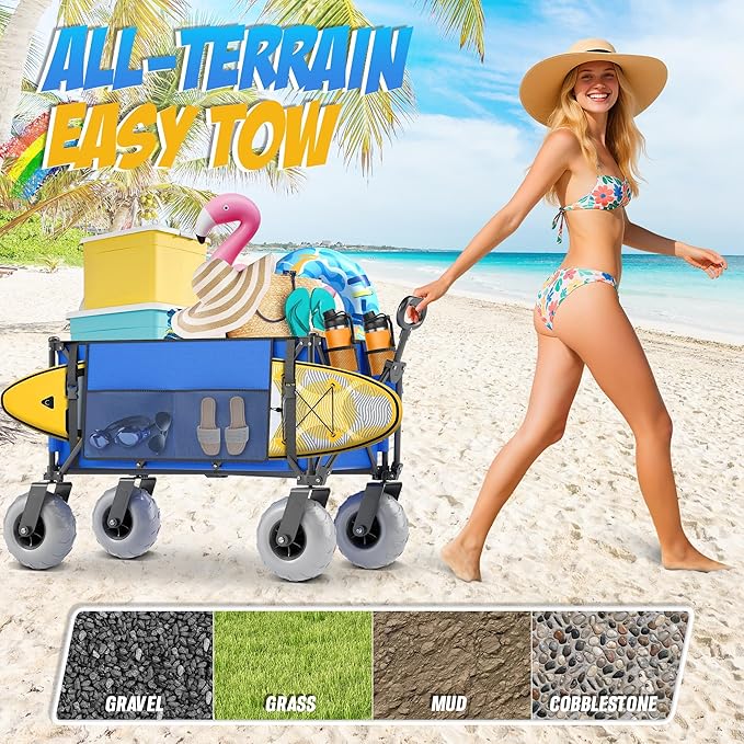 Beach Wagon with Big Wheels for Sand, 450lbs Heavy Duty Folding Wagon, Oversized 200L, 9" PVC All-Terrain Wheels, Adjustable Handle, Cooler & Storage Bags for Beach, Camping, Garden & Outdoor Sports