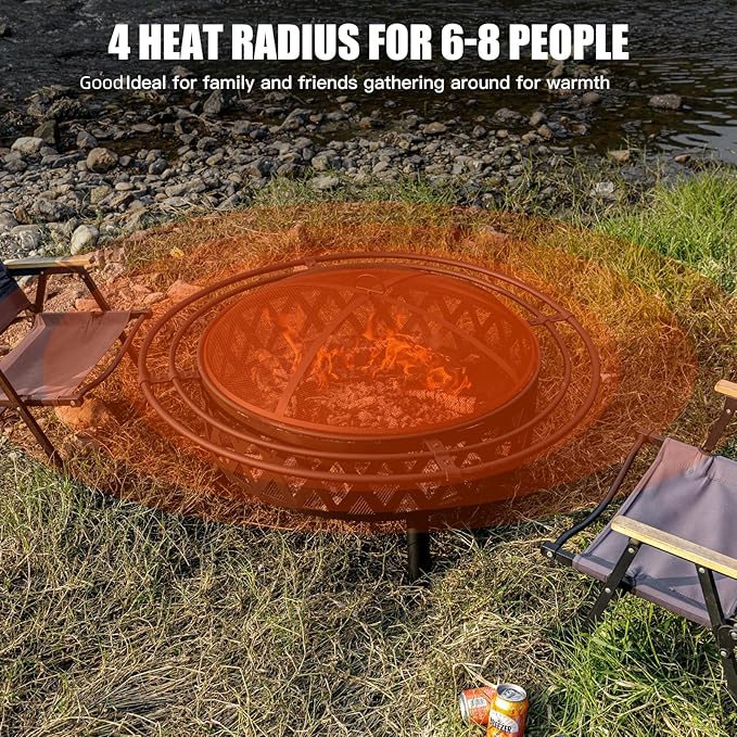 42 Inch Wood Burning Fire Pit with 2 Loops, Outdoor Fire Pit with Spark Screen & Fire Poker, Cross Weave Firepit for Outside Fireplace Bonfire for Yard,Patio, Garden