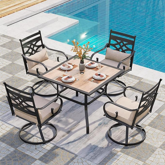 PHI VILLA Patio Dining Set for 4, 5 PCS Outdoor Dining Sets - 1 Square 37"x37" Dining Table (1.57in Umbrella Hole) & 4 Swivel Dining Chairs,Metal Patio Furniture for Outdoor Kitchen Lawn and Garden