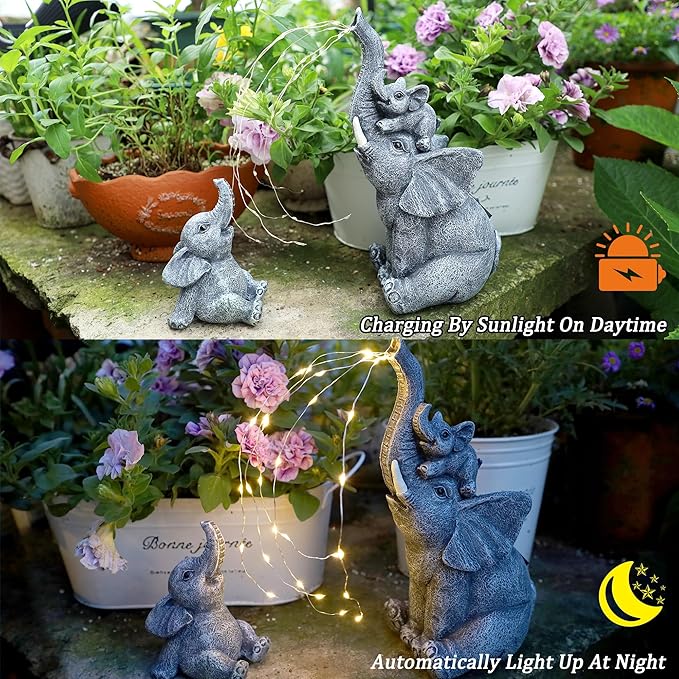 FORUP Garden Elephant Statue, Solar Elephant Statues for Garden Decor, Elephant Figurine with Solar Watering Lights, Elephant Outdoor Sculptures for Outside Porch Patio Balcony Front Yard