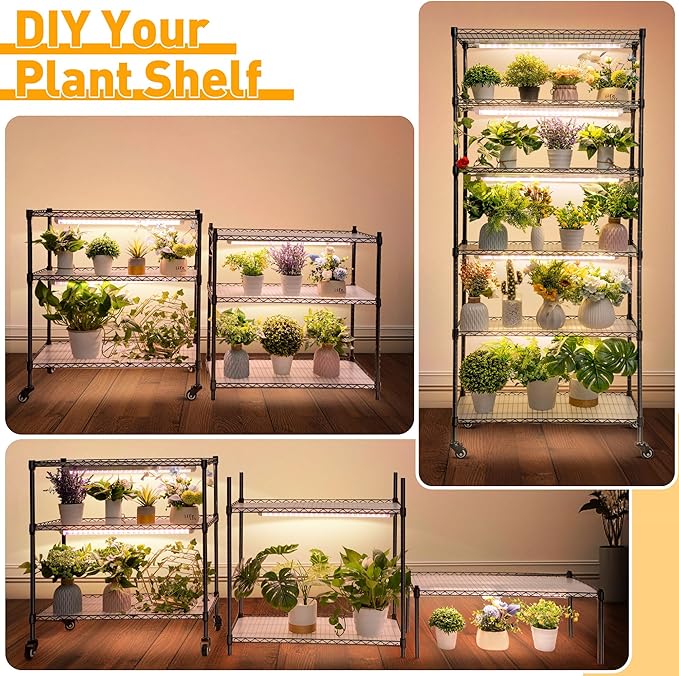 Meonum Plant Shelf with Grow Lights, 6 Tier DIY Metal Grow Rack with 90W LED Growing Lamps for Seed Starting, Indoor Greenhouse with Cover, Mechanical Timer, Thermometer, pH Meter, PP Waterproof Pads