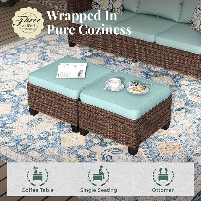 Patio Furniture Set, 7 Pcs Wicker Rattan Outdoor Conversation Set, 2 x Leg Chairs, 1 x 3 Seater Sofa, 1 x 2-Seat Lover Sofa and 2 x Ottomans with 4" Thick Cushion and 32" Fire Pit Table, Blue