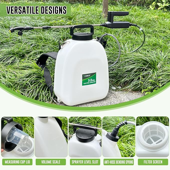 Battery Powered Sprayer 3.2 Gallon, VAXMAY Backpack Sprayer with 3 Adjustable Speeds, Battery Indicator, 5 Mist Nozzles, 41" Retractable Wand, USB Rechargeable Weed Sprayer for Lawn Garden Yard