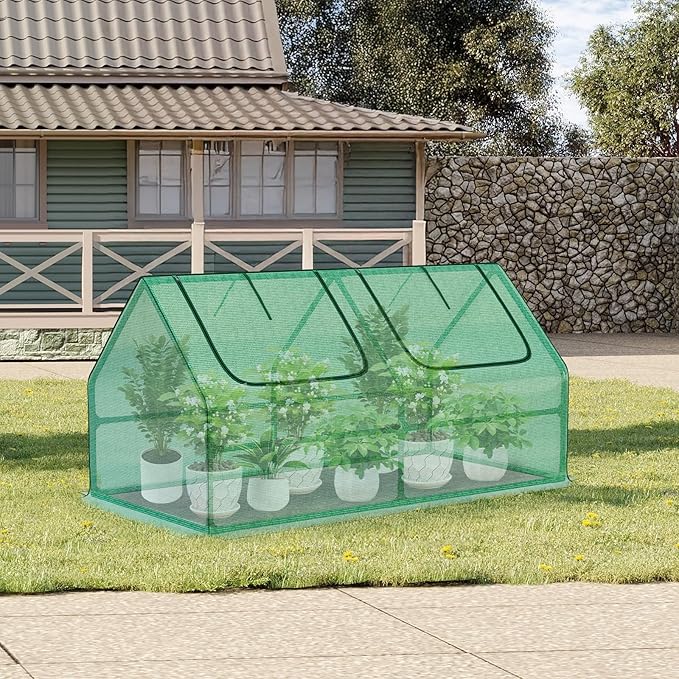 Aoodor 4 x 2 x 2 ft Mini Greenhouse with 2 Zipper Doors, Water Resistant, UV Protected for Flowers, Vegetables and Herbs, Green