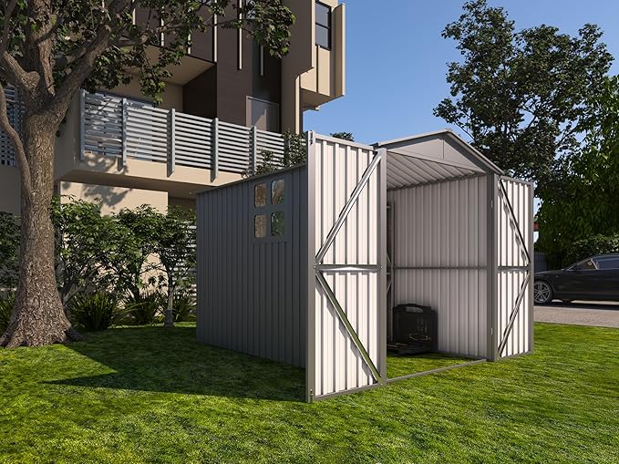 Motorcycle Steel Storage Shed with Window,Outdoor Weather-Resistant Storage Box for Bikes, Tools, Sports Equipment,Easy Assembly, No Tracks or Fixtures Needed, 121" W Gray