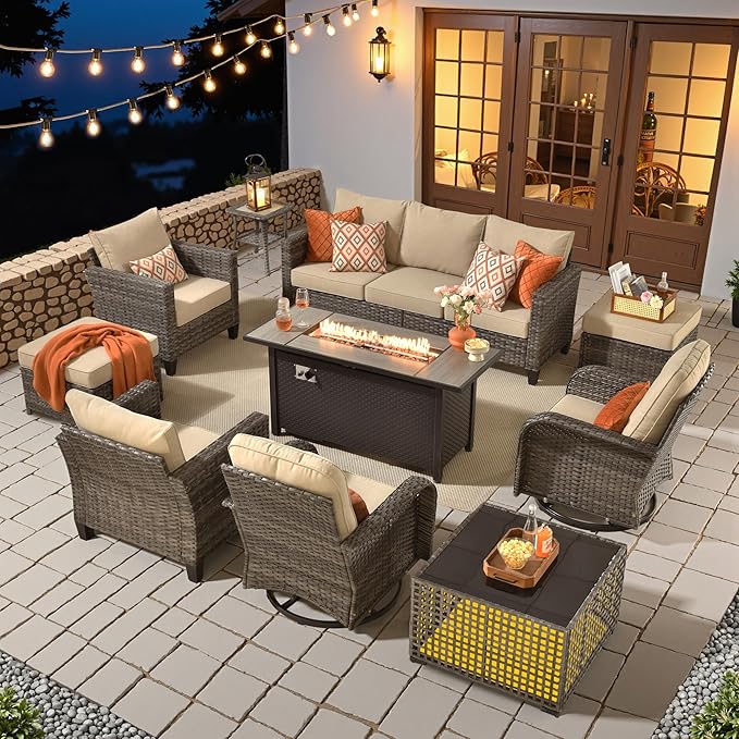 HOOOWOOO Outdoor Patio Furniture Set,10 Pieces Wicker Conversation Set,All Weather Couch Set with Fire Pit Solar Light Table Swivel Chairs Ottoman 9 Seaters for Out Door Yard(Beige)