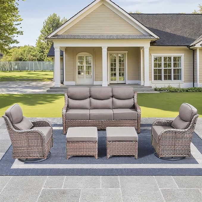 Luxury High Back Outdoor Furniture with 6-Inch Thick Cushions, Patio Furniture Set with Swivel Chairs, 5 PCS Wicker Conversation Set for Porch, Balcony, Deck and Yard
