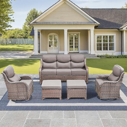 Luxury High Back Outdoor Furniture with 6-Inch Thick Cushions, Patio Furniture Set with Swivel Chairs, 5 PCS Wicker Conversation Set for Porch, Balcony, Deck and Yard