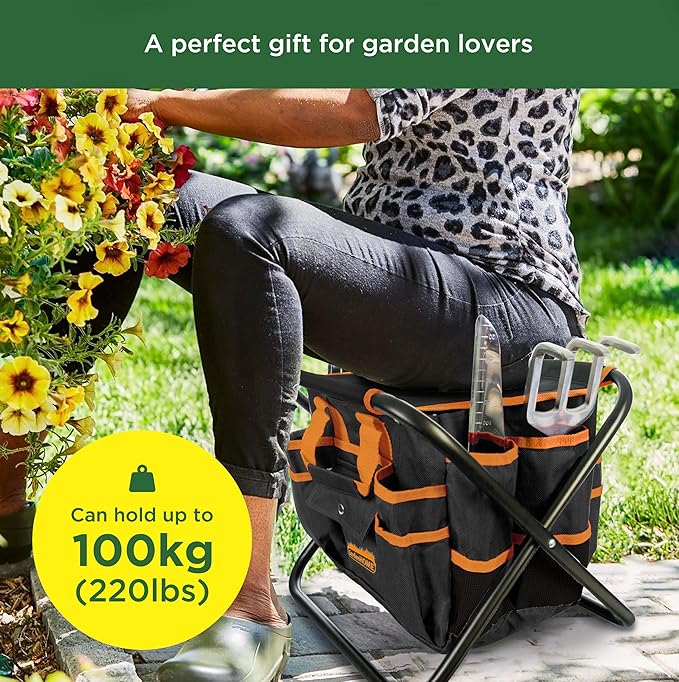 GardenHOME 7-Piece Gardening Tool Set – Stainless Steel Tools with Heavy-Duty Folding Stool and Canvas Tote Bag, Black and Orange – Practical for Men, Gardeners, and DIY Yard Work
