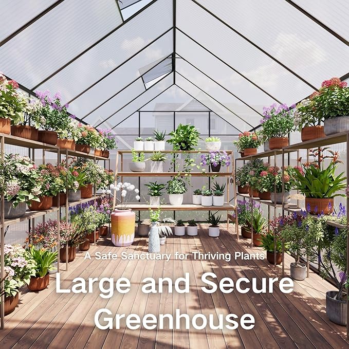 Kingdura 8x12ft Walk-in Greenhouse for Outdoors, Large Polycarbonate Greenhouses with Heavy Duty Aluminum Frame, Adjustable Roof Vent, Lockable Door, UV Protection for Outside Garden Backyard