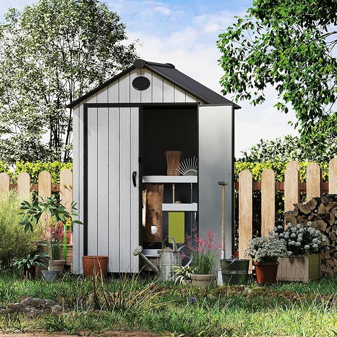 6 x 4 FT Shed Resin Outdoor Storage shed, 230 cuft Plastic Shed with Window and Lockable Door for Garden, Backyard, with Wood Texture, Grey